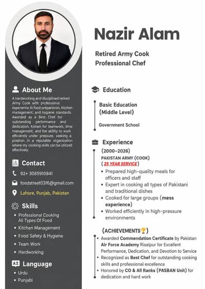 Retired Army Cook | Professional Chef | 25+ Years Experience