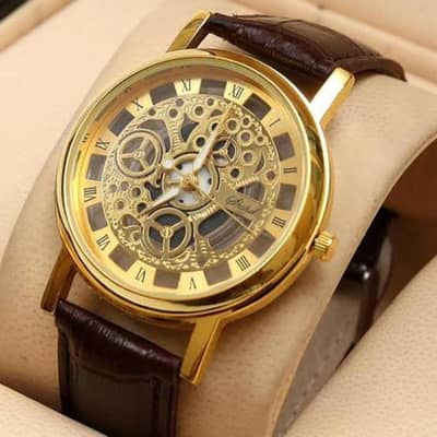 Men's Gold Leather Watch with Roman Dial