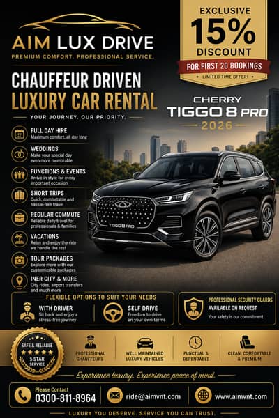 Aim Lux Drive | Chauffeur-Driven Luxury SUV Rental | Chery Tiggo 8 Pro