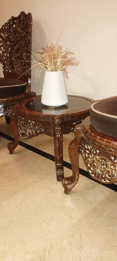 Antique Hand-Carved Wooden Chairs Set with Center Table