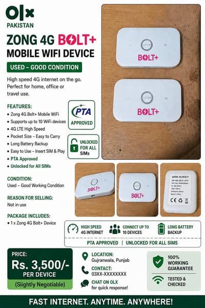 Zong 4G Wi-Fi wingle Unlocked All Sims Working PTA  Approved