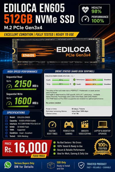 EDILOCA EN605 512GB NVMe SSD PCIe Gen3 x4 – 98% Health