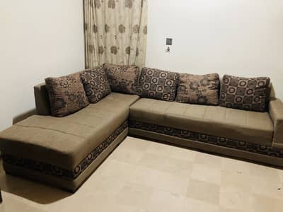 L shap 6 seater sofa set with 2 big size puffy seats neat and clean