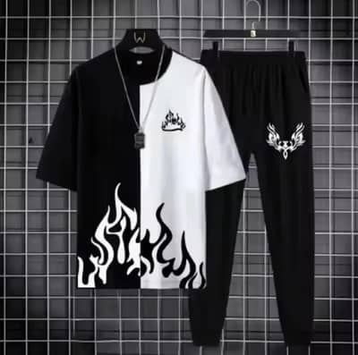  Trendy Flame Print Men's T-Shirt & Trouser Set