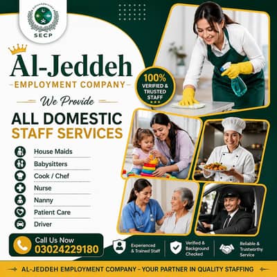 House maids, Cook chef, Driver, Babysitter, Nurse all staff available