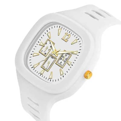 White Square Analog Watch with Gold Accents for Men
