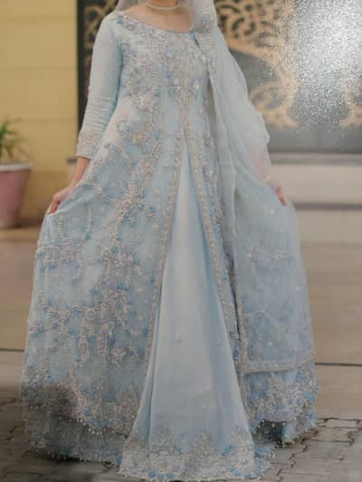 Bridal maxi ice blue color for walima heavily embroidered work