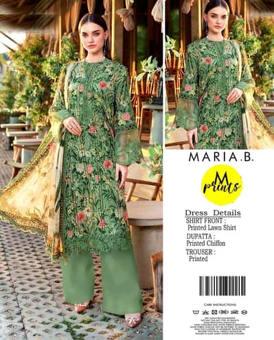 Maria. B Printed Lawn Suit - Green Floral 3-Piece (Unstitched)
