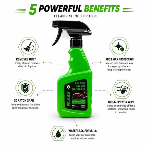 DTR Waterless Car Wash & Wax 500ml – Instant Shine, Scratch-Free Cleaning, Streak-Free Finish, Premium Car Care Spray