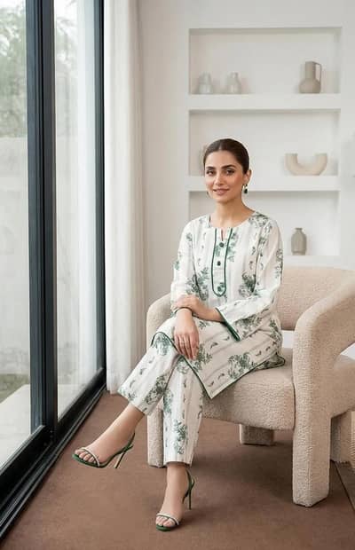 White Printed Arabic Lawn Kurta Set for Women 2 Pcs