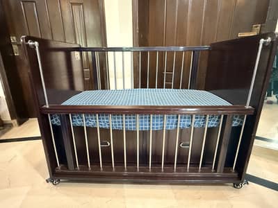 Premium Baby Cot with Mattress, Sliding Side, 2 Drawers | Like New
