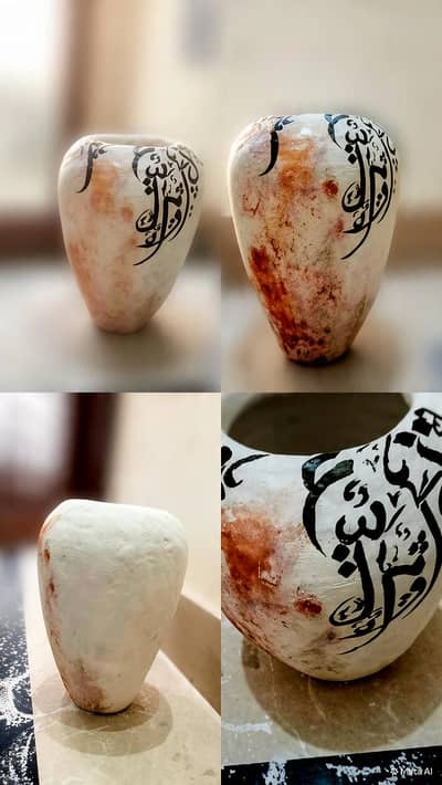 Calligraphy vessel _ with copper and white finishing _ matt paint _