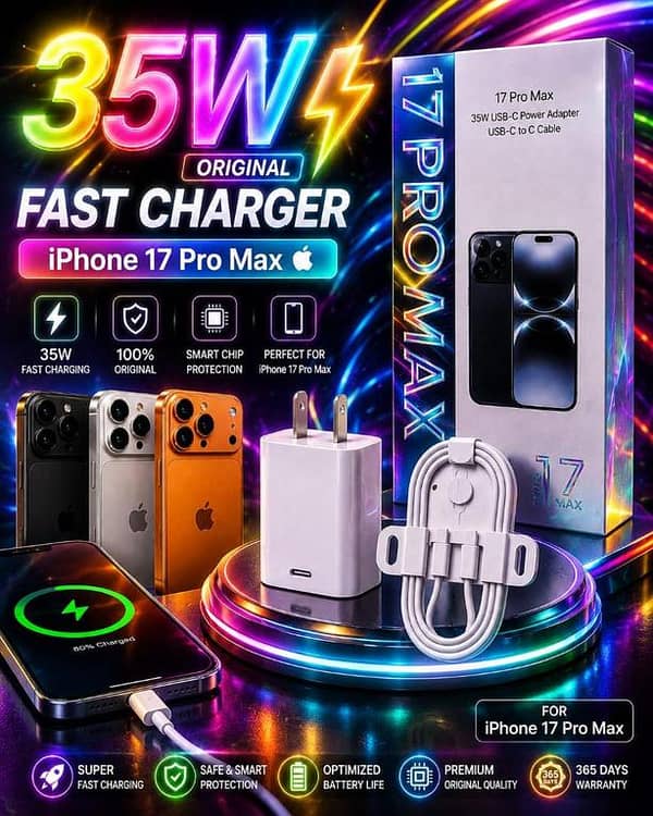 Original 35W Fast Charger For iPhone 17 Pro Max 17 Pro USB-C Power Adapter With Type C To C Cable Kit, Premium Quality PD Fast Charging Adapter, Smart Chip Protection Quick Wall Charger