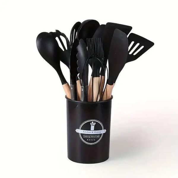 12pcs, Non-Stick Silicone Kitchen Utensil Set with Wooden Handles (Large Size)