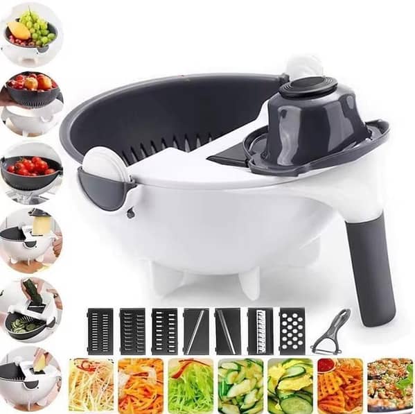 9-in-1 Salad Maker & Slicer Multi-Function Kitchen Veggie Chopper & Rotating Colander Set