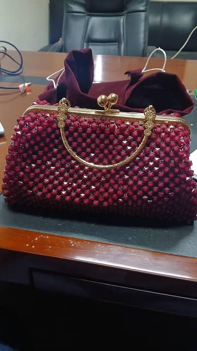 Red Ladies Clutch Bag with Faux Pearls