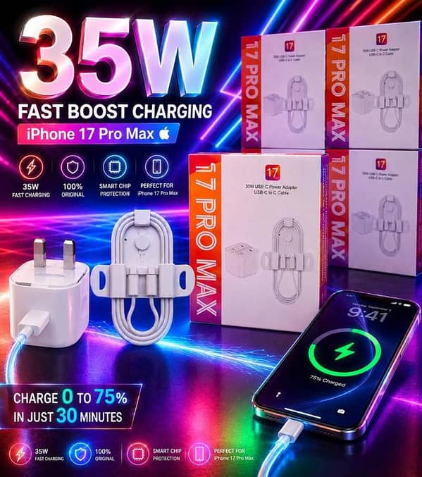 17 PRO MAX 3 PIN 35W Dual USB-C Fast Charger Kit Compatible with iPhone 17 Pro Max 16 15 Plus | Ultra-Fast Compact Power Adapter & Wrapped Type-C to C Charging Cable Set | Heavy-Duty Multi-Port Travel Wall Plug Combo