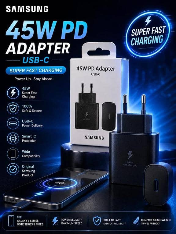 Samsung Original 45W Ultra Fast Booster Charging PD Adaptor | USB-C Power Delivery Wall Charger with Smart IC Protection for All Type-C Devices