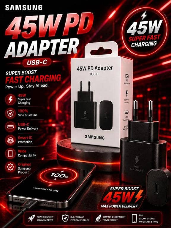 Samsung Original 45W Ultra Fast Booster Charging PD Adaptor | USB-C Power Delivery Wall Charger with Smart IC Protection for All Type-C Devices