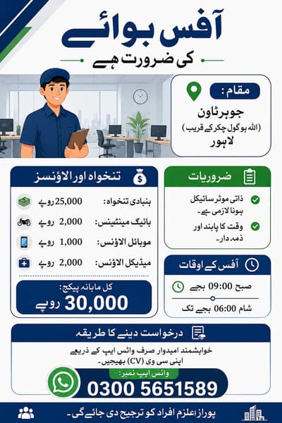 Office Boy Required in Johar Town | Salary Rs. 30,000 | Must Have Bike
