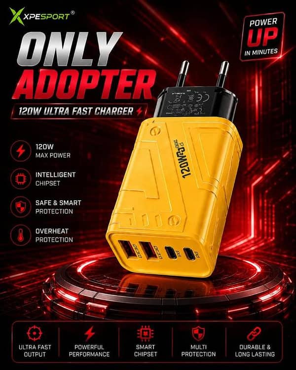 XPESPORT 120W Ultra Fast Charger Adapter | 4-Port Multi Fast Charging Block (Dual PD USB-C + Dual QC3.0) | Intelligent Chipset Safe & Smart Power Adapter For iPhone, Samsung, Xiaomi, OnePlus, Laptops & Tablets