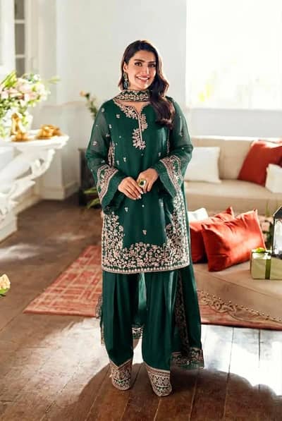 Women's Embroidered Farshi shalwar 3 Pice silk suit with Embroidered