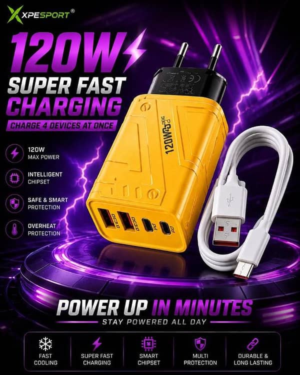 XPESPORT 120W WITH TYPE C Super Fast Charger [4-in-1 Multi-Port] GaN Power Adapter with Type-C Cable | Smart Overheat Protection, Quick Charge 3.0 & PD Fast Charging for Smartphones, Laptops & Tablets