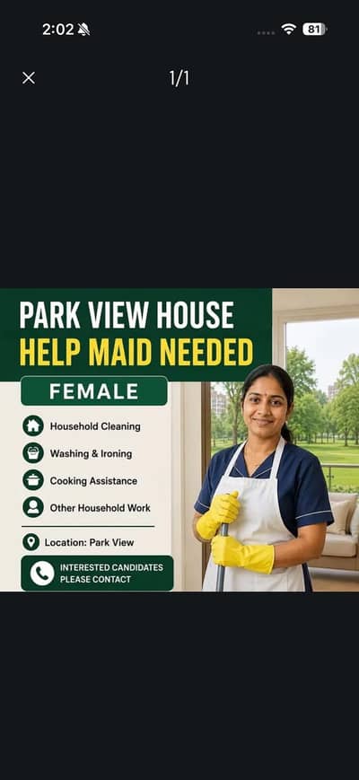 House help Needed Park view society-Female only rehaish ky sath