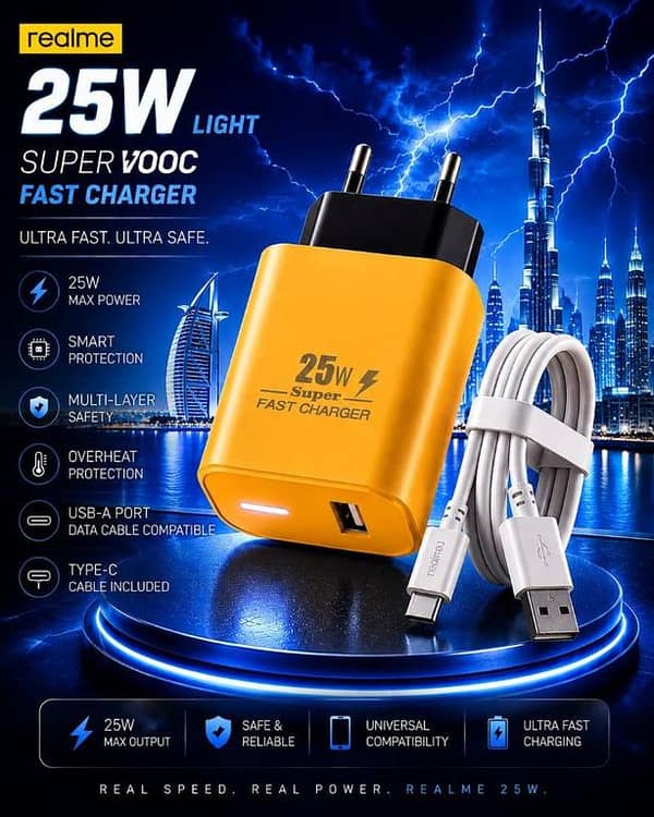 Realme 25W Light with Type-C Cable SuperVOOC Fast Charger Included | Ultra Fast Mobile Charging Adapter | Smart Multi-Layer Protection & Overheat Safety | Universal Compatibility USB-A Port Data Cable Compatible Wall Charger (Black)