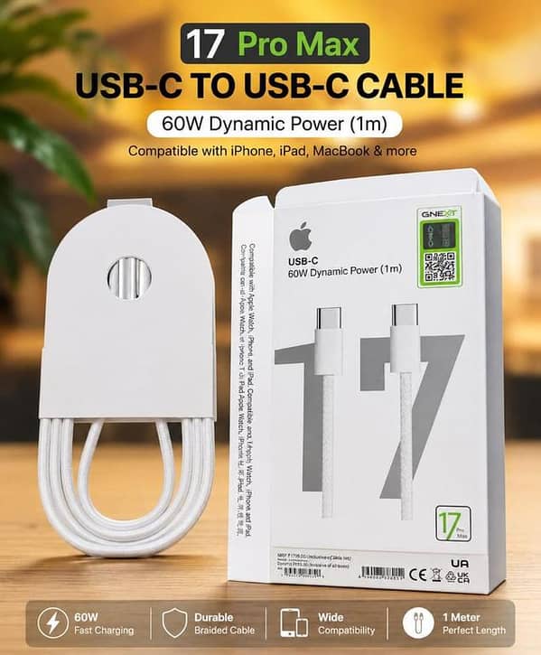 17 Pro Max 60W USB-C to USB-C Fast Charging Cable [1m] Premium Braided Type-C Data Sync Cord for iPhone, iPad, MacBook & Android Smartphones