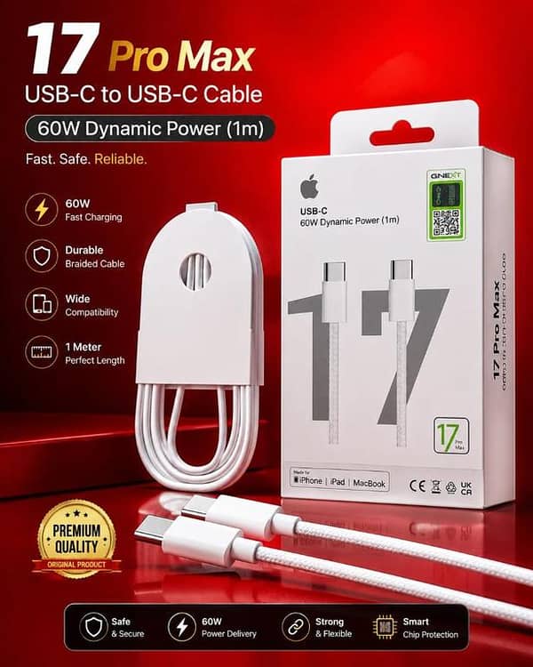 17 Pro Max 60W USB-C to USB-C Fast Charging Cable [1m] Premium Braided Type-C Data Sync Cord for iPhone, iPad, MacBook & Android Smartphones