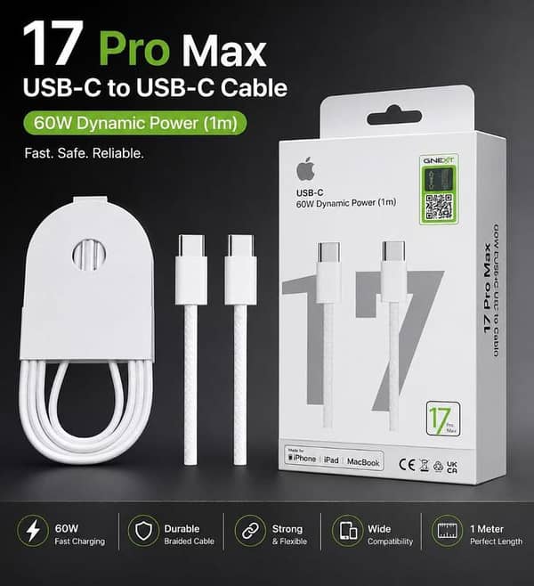 17 Pro Max 60W USB-C to USB-C Fast Charging Cable [1m] Premium Braided Type-C Data Sync Cord for iPhone, iPad, MacBook & Android Smartphones