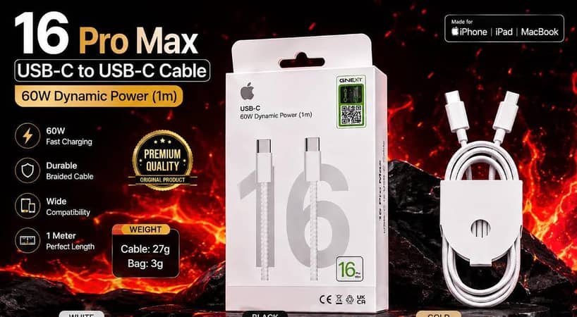 16 Pro Max 60W USB-C to USB-C Fast Charging Cable [1m] Premium Braided Type-C Data Sync Cord for iPhone, iPad, MacBook & Android Smartphones
