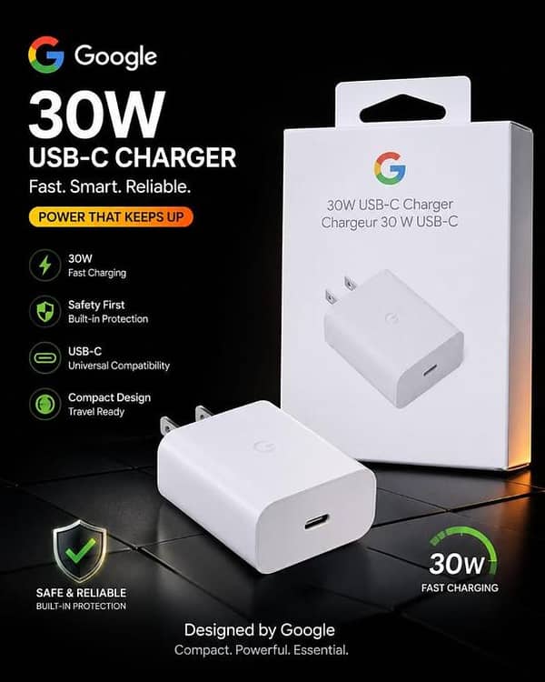 Google 30W USB-C Fast Charger Power Adapter, Ultra Compact Travel Ready Wall Charger with Built-in Safety Protection, Universal Compatibility for iPhone 15/14/13, iPad, MacBook, OnePlus, & Android Phones