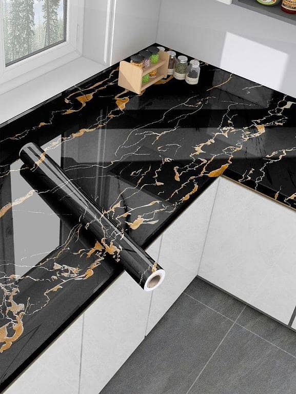 60cm × 200cm Self-Adhesive Black and White Marble Kitchen Wallpaper