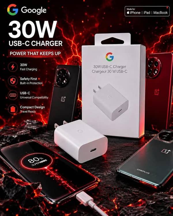 Google 30W USB-C Fast Charger Power Adapter, Ultra Compact Travel Ready Wall Charger with Built-in Safety Protection, Universal Compatibility for iPhone 15/14/13, iPad, MacBook, OnePlus, & Android Phones