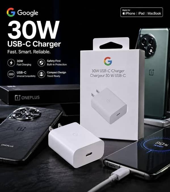 Google 30W USB-C Fast Charger Power Adapter, Ultra Compact Travel Ready Wall Charger with Built-in Safety Protection, Universal Compatibility for iPhone 15/14/13, iPad, MacBook, OnePlus, & Android Phones