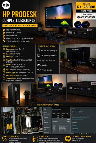 HP ProDssk core i5 4th Gen { 16GB RAM } 120GB SSD complete Desktop set
