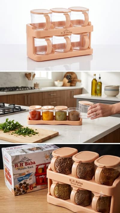 H. H Baba 6-in-1 Masala Rack & Spice Jars Set | اسمارٹ مصالحہ جار اور ر