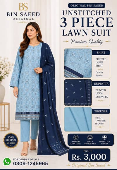 Bin Saeed Original Unstitched 3 Piece Suit | Premium Collection