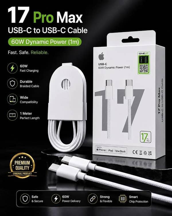 17 Pro Max 60W USB-C to USB-C Fast Charging Cable [1m] Premium Braided Type-C Data Sync Cord for iPhone, iPad, MacBook & Android Smartphones