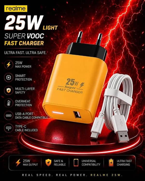 Realme 25W Light with Type-C Cable SuperVOOC Fast Charger Included | Ultra Fast Mobile Charging Adapter | Smart Multi-Layer Protection & Overheat Safety | Universal Compatibility USB-A Port Data Cable Compatible Wall Charger (Black)