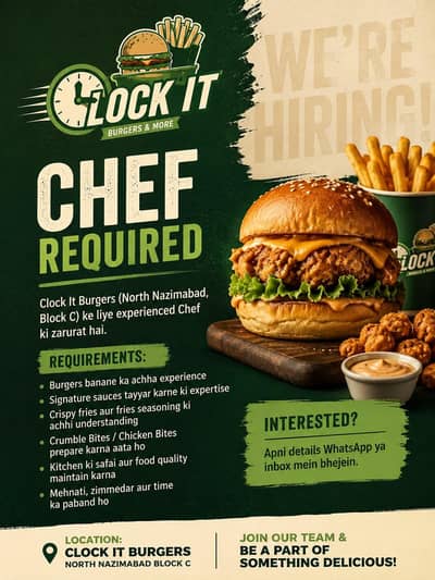 Experienced Burger Chef ki zarurat hai Clockit North Nazimabad block c