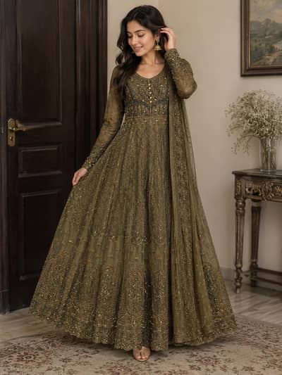 Elegant Olive Green Heavy Embroidered Maxi