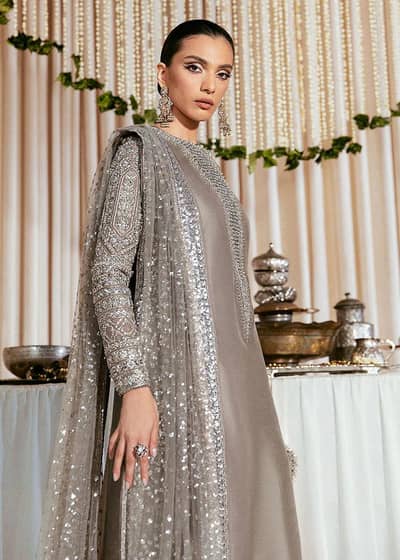 Hussain Rehar Grey Silk Suit  with heavy embroidery