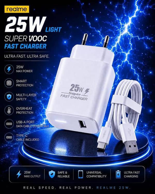 Realme 25W Light with Type-C Cable SuperVOOC Fast Charger Included | Ultra Fast Mobile Charging Adapter | Smart Multi-Layer Protection & Overheat Safety | Universal Compatibility USB-A Port Data Cable Compatible Wall Charger (Black)