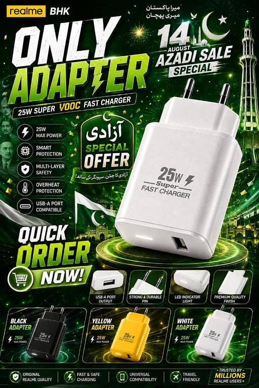 Realme 25W Only Adapter SuperVOOC Fast Charger - Max Power Super Fast Charging Wall Charger Premium Quality Mobile Adapter with Smart Protection & Multi-Layer Safety (White, Yellow, Black)
