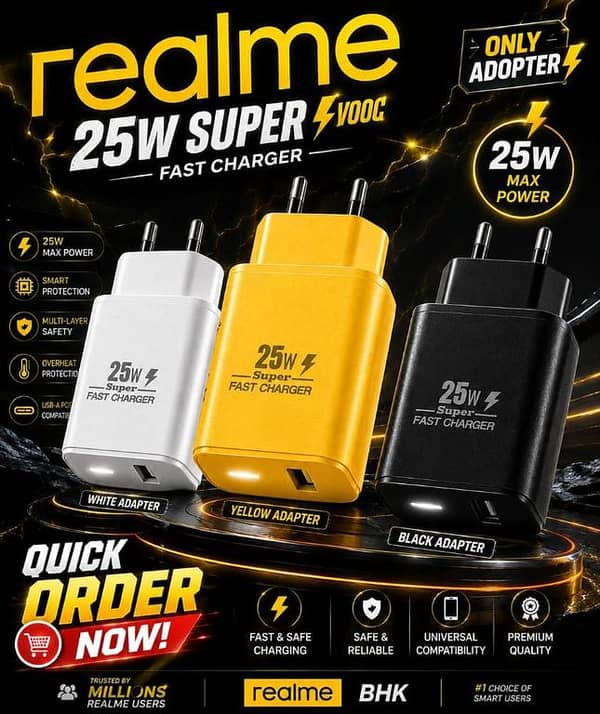 Realme 25W Only Adapter SuperVOOC Fast Charger - Max Power Super Fast Charging Wall Charger Premium Quality Mobile Adapter with Smart Protection & Multi-Layer Safety (White, Yellow, Black)