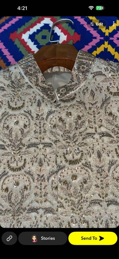 Designer Off-White Embroidered Sherwani for Groom – Size M