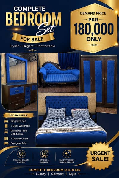 Luxury Complete Bedroom Set with Designer Sofa – Premium Blue Theme